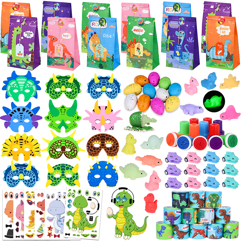 GIFTS2U Dinosaur Party Favor Supplie for Kids, 108 Pcs Dino Themed Party Favor Bags Birthday Party Supplies with Dinosaur Masks, Make A Dinosaur Stickers, Dinosaur Hatching Eggs and Glow In The Dark. 